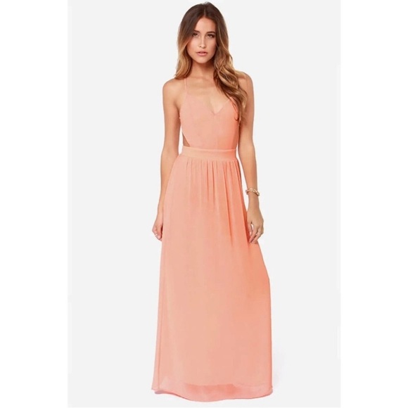 Lulus Dresses & Skirts - LULUS Backless Maxi Dress Rooftop Garden Pastel Peach Pink Sheer Bridesmaid Sz S
